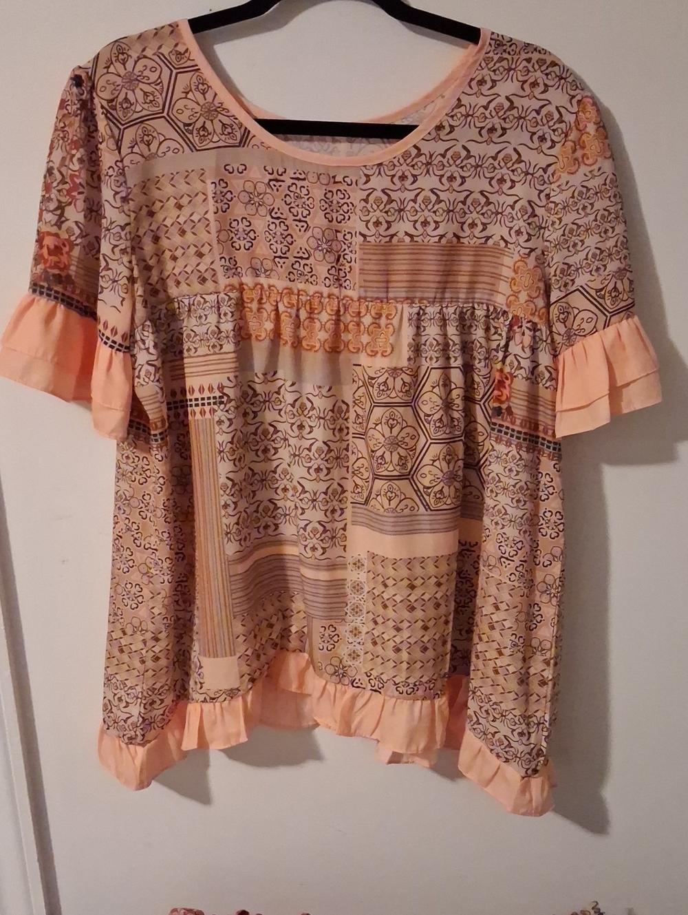 Peach Printed Ruffle-Hem Blouse